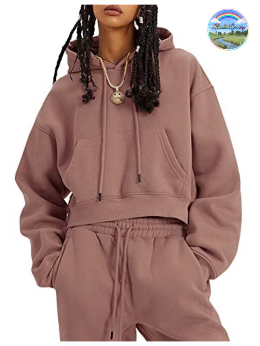 Women's Fleece 2-Piece Sweatsuit Set - Crop Pullover & Joggers, Long Sleeve,